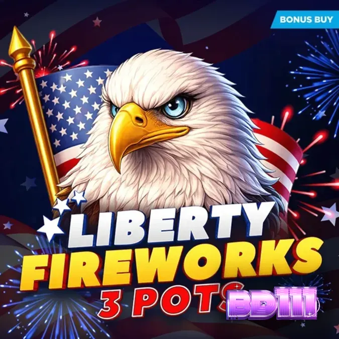 Liberty Fireworks 3 Pots slot game interface showing fireworks and bonus pots